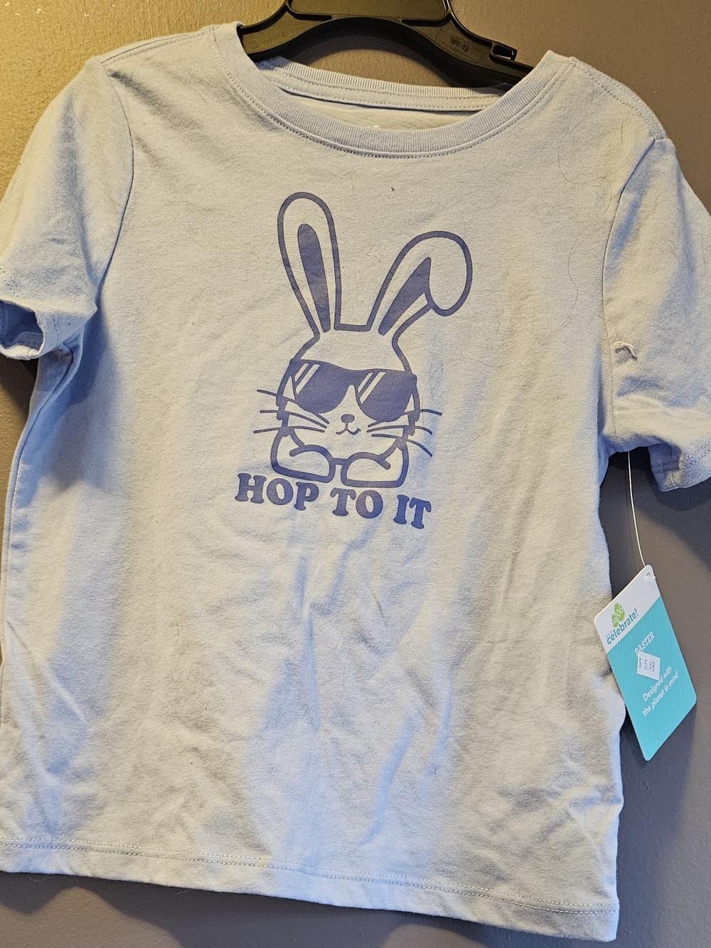 Celebrate It Light Blue Tee with Purple Bunny Graphic